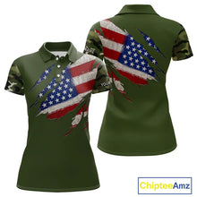 Load image into Gallery viewer, American Flag Green camo Women's Golf polo shirts Custom patriotic golf attire for ladies NQS11289