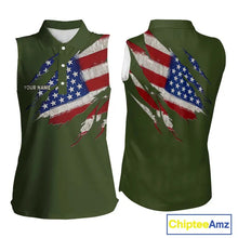 Load image into Gallery viewer, American Flag Green camo Women Sleeveless polo shirt Custom patriotic golf attire for ladies NQS11289