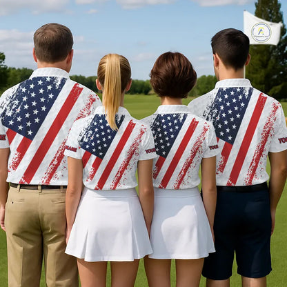 Red, white & blue American Flag Womens Golf polo shirts Custom patriotic golf outfit for ladies NQS11291