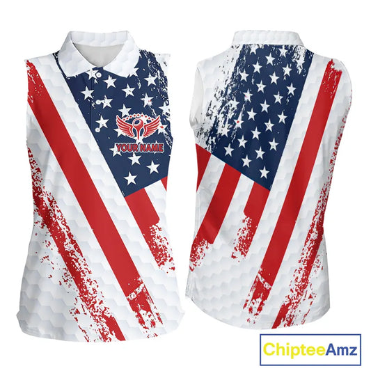 Red, white & blue American Flag Womens Sleeveless polo shirts Custom patriotic golf outfit for ladies NQS11291
