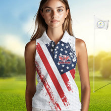 Load image into Gallery viewer, Red, white &amp; blue American Flag Womens Sleeveless polo shirts Custom patriotic golf outfit for ladies NQS11291