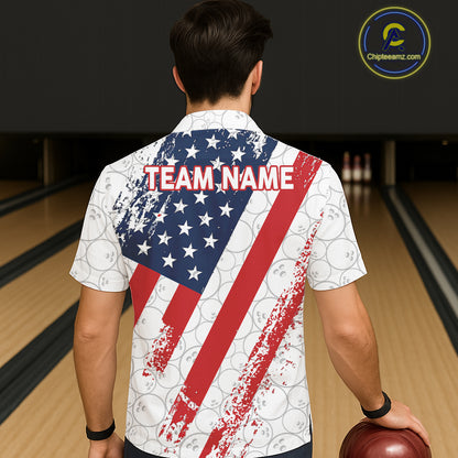 Red, white & blue American Flag Bowling Hawaiian Shirt Custom patriotic Bowling Team Button up shirt NQS11292