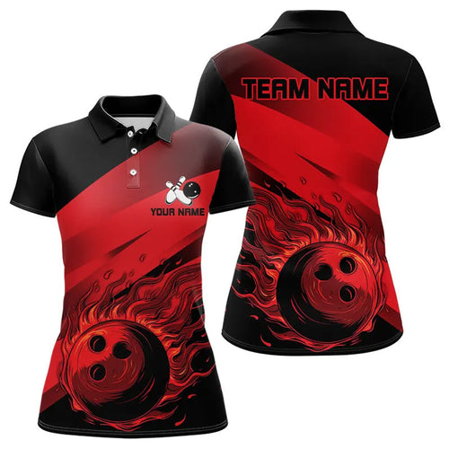 Black and Red Flame Bowling Shirts For Women Custom Flame Team Bowling Jerseys NQS9420