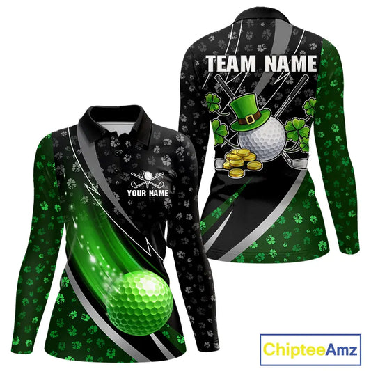 Black & Green Shamrock pattern Golf Polo Shirts For Women Custom St Patrick team women golf clothing NQS11514