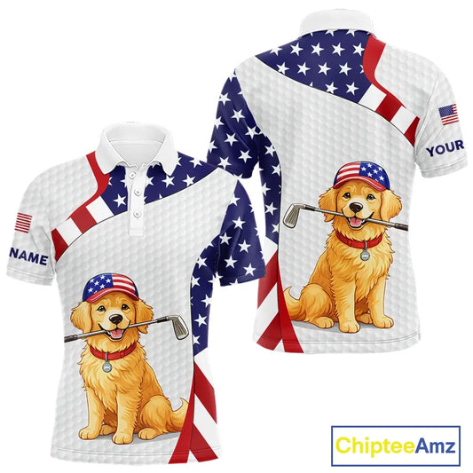 Personalized American flag golden retriever golf polo shirts for men custom name patriotic golf gifts NQS11518