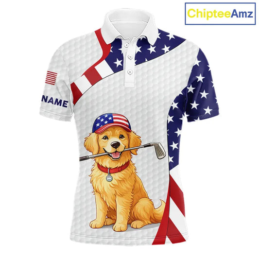 Personalized American flag golden retriever golf polo shirts for men custom name patriotic golf gifts NQS11518