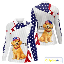 Load image into Gallery viewer, Personalized American flag golden retriever golf polo shirts for Women custom patriotic golf gifts NQS11518