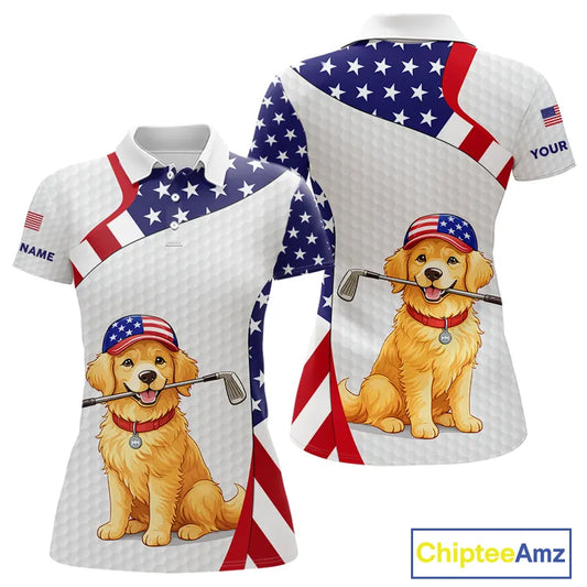 Personalized American flag golden retriever golf polo shirts for Women custom patriotic golf gifts NQS11518