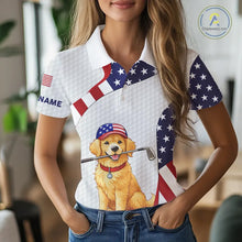 Load image into Gallery viewer, Personalized American flag golden retriever golf polo shirts for Women custom patriotic golf gifts NQS11518