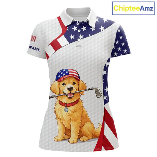 Personalized American flag golden retriever golf polo shirts for Women custom patriotic golf gifts NQS11518