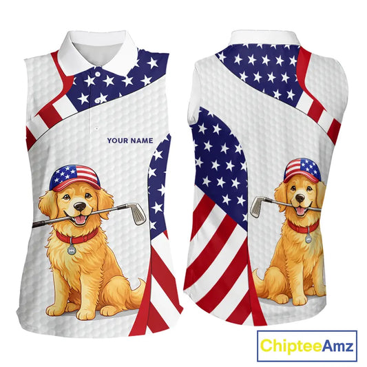 Personalized American flag golden retriever Sleeveless Golf Polo Shirt custom patriotic golf gifts NQS11518