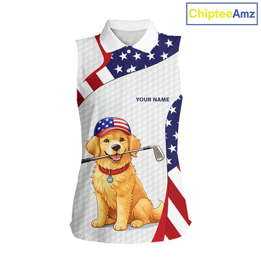 Personalized American flag golden retriever Sleeveless Golf Polo Shirt custom patriotic golf gifts NQS11518