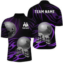Load image into Gallery viewer, Black Men Bowling polo, quarter zip shirt Custom Skull bowling ball Men's Team League Jersey | Purple NQS7665