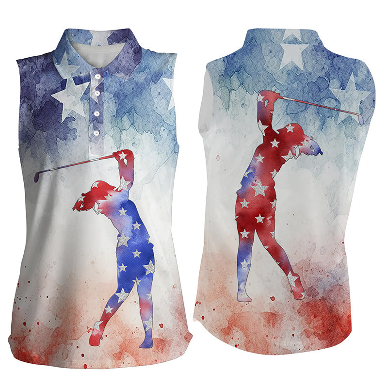 Womens sleeveless polo shirt watercolor American flag patriotic golf gifts for ladies NQS5791