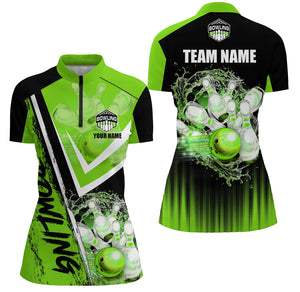 Black and Green Womens bowling Polo, Quarter zip shirts custom Team bowling jerseys bowling outfits NQS8093