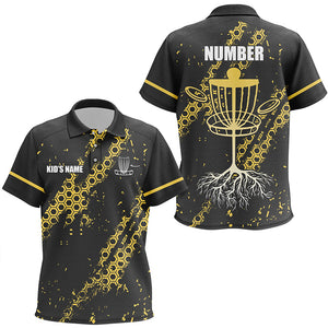 Black and Yellow Hexagon Pattern Kid Disc golf polo shirts custom Team disc golf jerseys NQS8094