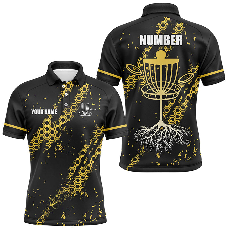 Black and Yellow Hexagon Pattern Mens Disc golf polo shirts custom Team disc golf jerseys NQS8094