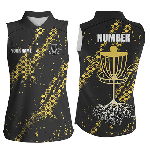 Black and Yellow Hexagon Pattern Women sleeveless Disc golf polo shirts custom Team disc golf jerseys NQS8094