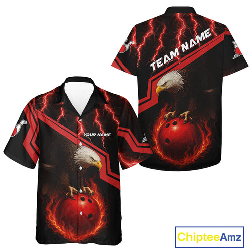 Black & Red Flame Lightning Thunder Eagle Bowling Hawaiian Shirt Custom Bowling Team League Outfit NQS10917