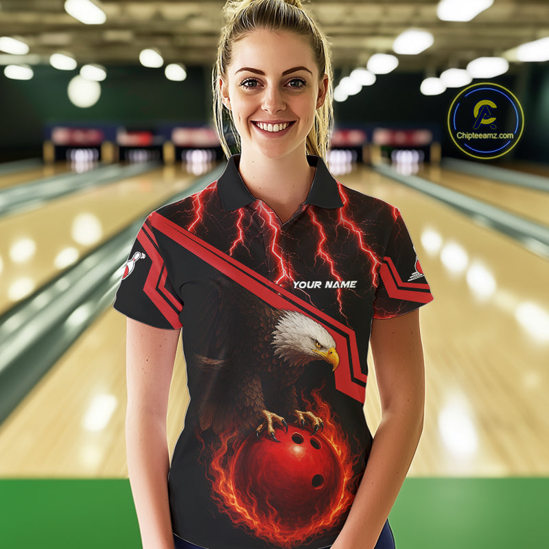Black & Red Flame Lightning Thunder Eagle Bowling Shirts for Women Custom Bowling Team League Outfit NQS10917