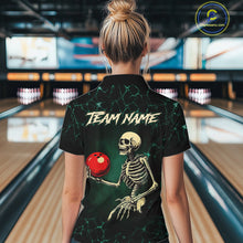 Load image into Gallery viewer, Black and Green Lightning Skull Bowling Polo, Quarter zip shirts For Women Custom Bowling Team Outfit NQS10921