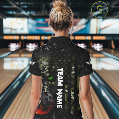 Black and Green Camo grunge American Flag Skull Bowling Shirts for Women Custom Bowling Team jerseys NQS11294