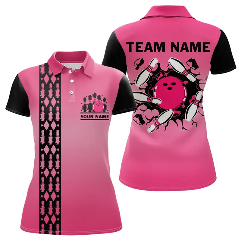 Personalized Black and Pink Retro Bowling Polo, Quarter Zip Team Shirts For Women Custom Bowling Gifts NQS9422