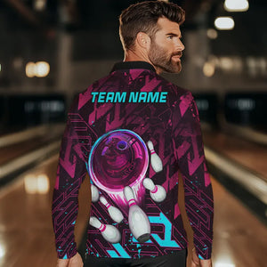 Bowling Polo, Quarter Zip Shirt For Men Custom pink and blue abstract Bowling Team league Jerseys NQS9423