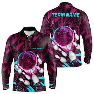 Bowling Polo, Quarter Zip Shirt For Men Custom pink and blue abstract Bowling Team league Jerseys NQS9423