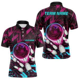 Bowling Polo, Quarter Zip Shirt For Men Custom pink and blue abstract Bowling Team league Jerseys NQS9423