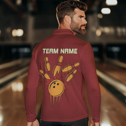 Red & Yellow Retro Bowling Polo, Quarter Zip shirt for Men Custom vintage team bowling jersey NQS9579