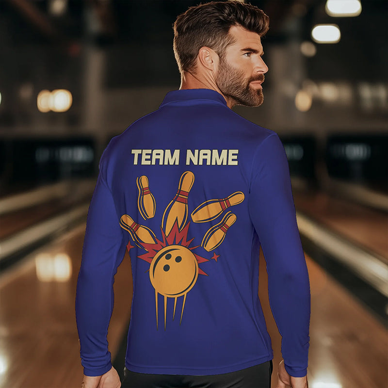 Blue & Yellow Retro Bowling Polo, Quarter Zip shirt for Men Custom vintage team bowling jersey NQS9583