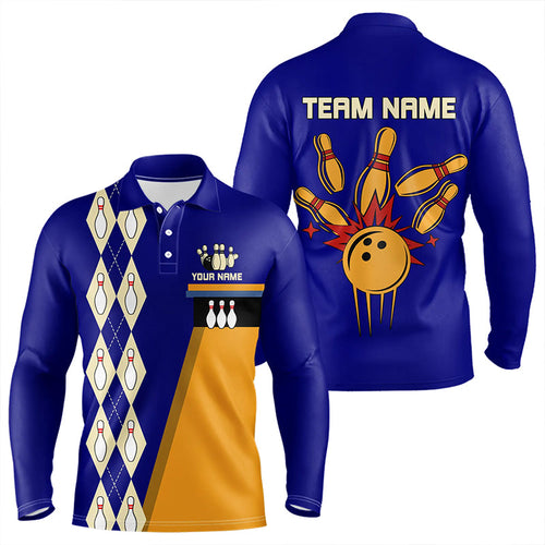 Blue & Yellow Retro Bowling Polo, Quarter Zip shirt for Men Custom vintage team bowling jersey NQS9583
