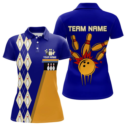 Blue & Yellow Retro Bowling Polo, Quarter Zip shirt for Women Custom vintage team bowling jersey NQS9583