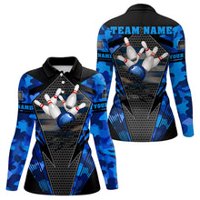 Load image into Gallery viewer, Blue Camo Bowling Polo, Quarter Zip Shirt For Women Custom Bowling Team League Jerseys NQS9733