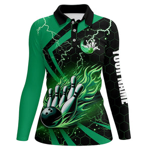 Black and Green flame bowling custom Womens Bowling Polo Shirts, team bowling jerseys, bowl gifts NQS7513