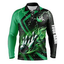 Load image into Gallery viewer, Black and Green flame bowling custom Men Bowling Polo Shirts, team bowling jerseys, bowl gifts NQS7513