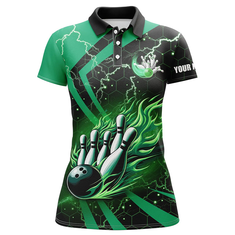 Black and Green flame bowling custom Womens Bowling Polo Shirts, team bowling jerseys, bowl gifts NQS7513