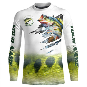 Largemouth bass fishing green scale American flag patriot Customize name long sleeves UV fishing shirt NQS1855