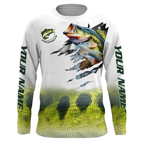 Largemouth bass fishing green scale American flag patriot Customize name long sleeves UV fishing shirt NQS1855