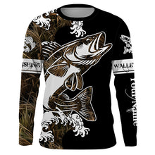 Load image into Gallery viewer, Walleye fishing tattoo camo Customize name black UV protection long sleeves fishing shirts NQS1857