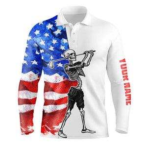 Funny Skull Mens Golf polo shirt watercolor American flag custom patriotic Skull golf apparel NQS5530