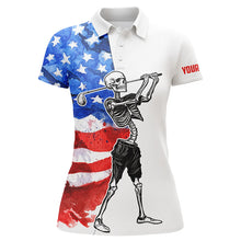 Load image into Gallery viewer, Womens golf polo shirt custom name watercolor American flag patriotic Skull ladies white golf tops NQS5530