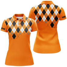 Load image into Gallery viewer, Womens golf polo shirt orange argyle plaid golf skull pattern custom ladies Halloween golf tops NQS6196