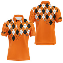 Load image into Gallery viewer, Mens golf polo shirt plus size orange argyle plaid golf skull pattern custom mens halloween golf tops NQS6196