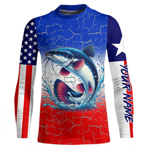 Personalized Catfish Long Sleeve Performance Fishing Shirt Texas American flag patriotic fishing Shirt NQS6677