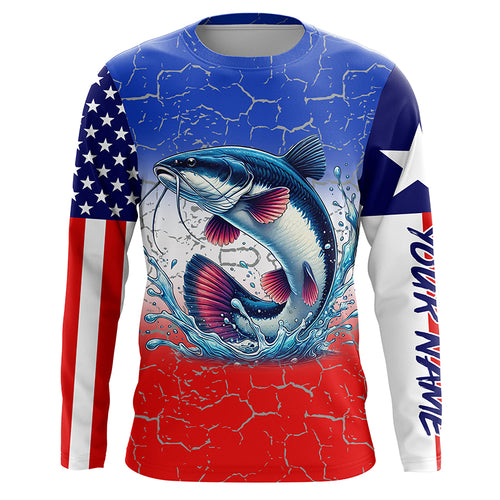 Personalized Catfish Long Sleeve Performance Fishing Shirt Texas American flag patriotic fishing Shirt NQS6677