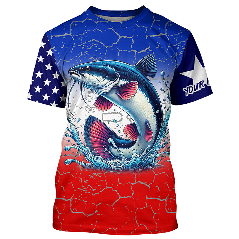 Personalized Catfish Long Sleeve Performance Fishing Shirt Texas American flag patriotic fishing Shirt NQS6677