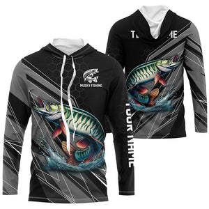 Personalized Black camo Musky Fishing Jerseys, Muskie Long Sleeve Fishing Tournament Shirts NQS8770