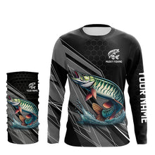 Load image into Gallery viewer, Personalized Black camo Musky Fishing Jerseys, Muskie Long Sleeve Fishing Tournament Shirts NQS8770